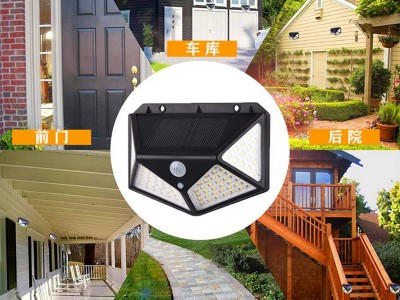 新款跨境户外庭院灯100LED太阳能充电壁灯四面发光人体感应灯路灯图3