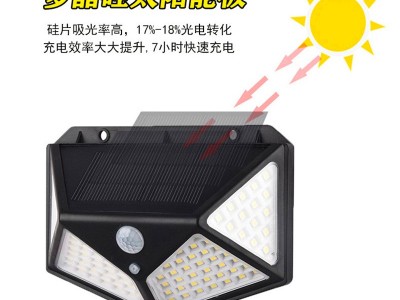 新款跨境户外庭院灯100LED太阳能充电壁灯四面发光人体感应灯路灯图5